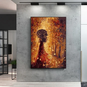 

Abstract Maple Leaf Girl Oil Painting on Canvas Posters and Prints Scandinavian Wall Art Picture for Living Room Cuadros Decor