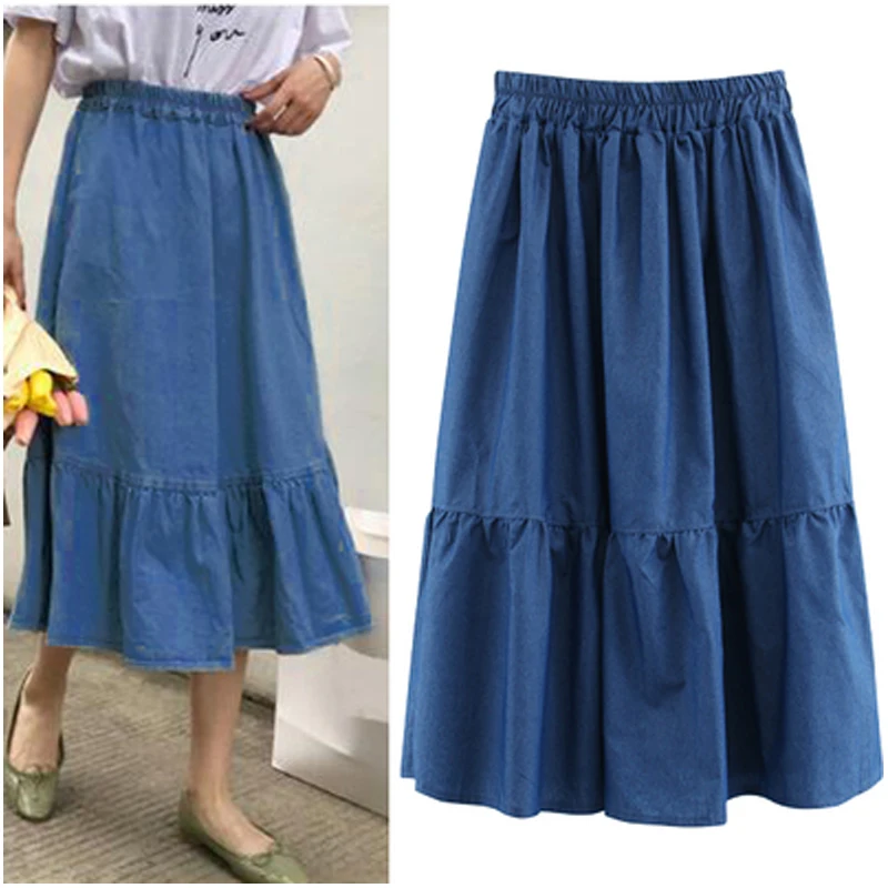 

2019 European Style Autumn Skirts Plus Size 4XL Denim Skirt Loose New Arrival Jean Brand Clothing Blue Color Elastic Waist Skirt