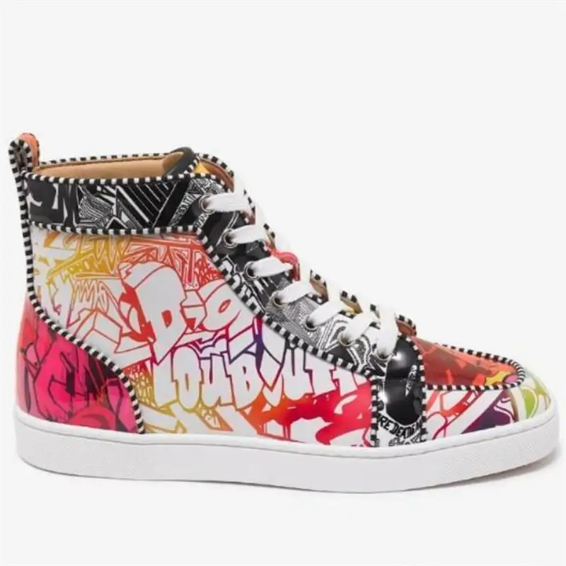 Кроссовки с красной подошвой; Мужская обувь; высокие кроссовки с принтом; sneakers35-46 из лакированной кожи - Цвет: Многоцветный