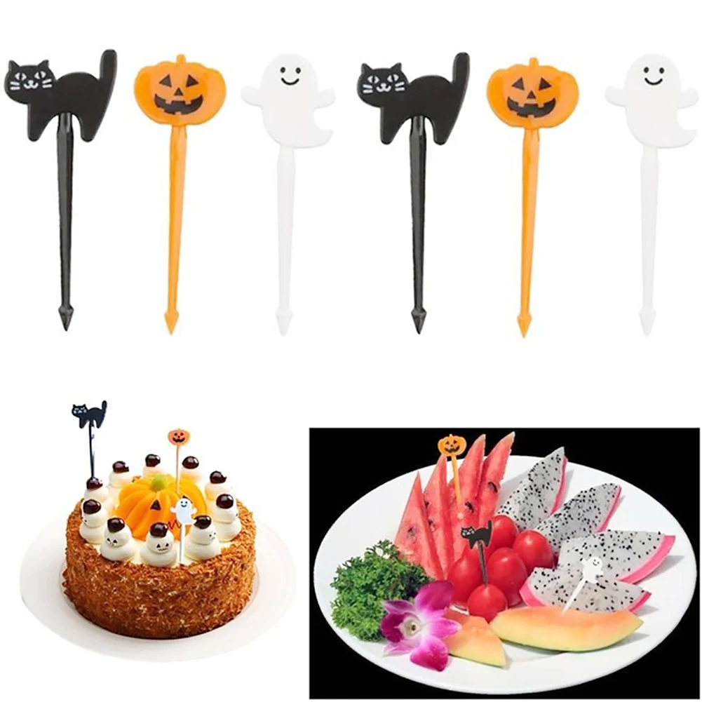 6Pcs Halloween Cats Pumpkin Ghost Kitchen Fruit Pick Fork Toothpick Dinner Decor