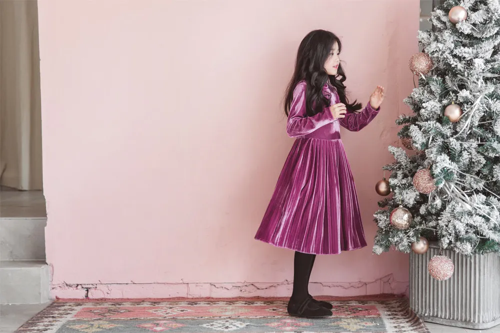Детские платья с длинными рукавами для девочек; Осень-зима г.; теплое бархатное платье для девочек; фиолетовое платье; детская одежда