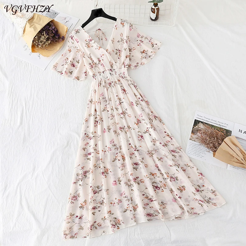 

2020 Summer New Women's Beach Dress V-neck Backless Front Slit Irregular Long Dress Mid-calf Flounce Chiffon Dress