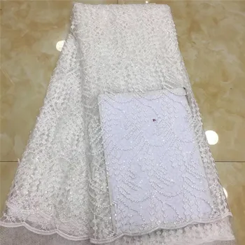 

2020 white French Lace Fabric Wedding High Quality African Tulle Lace Fabric 5Yard sequins Flowers Embroidered Tulle Lace fabric