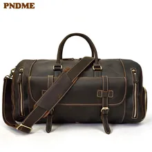 PNDME винтажная большая емкость crazy horse воловья мужская дорожная сумка Роскошная натуральная кожаная сумка для багажа сумка спортивная сумка на ремне