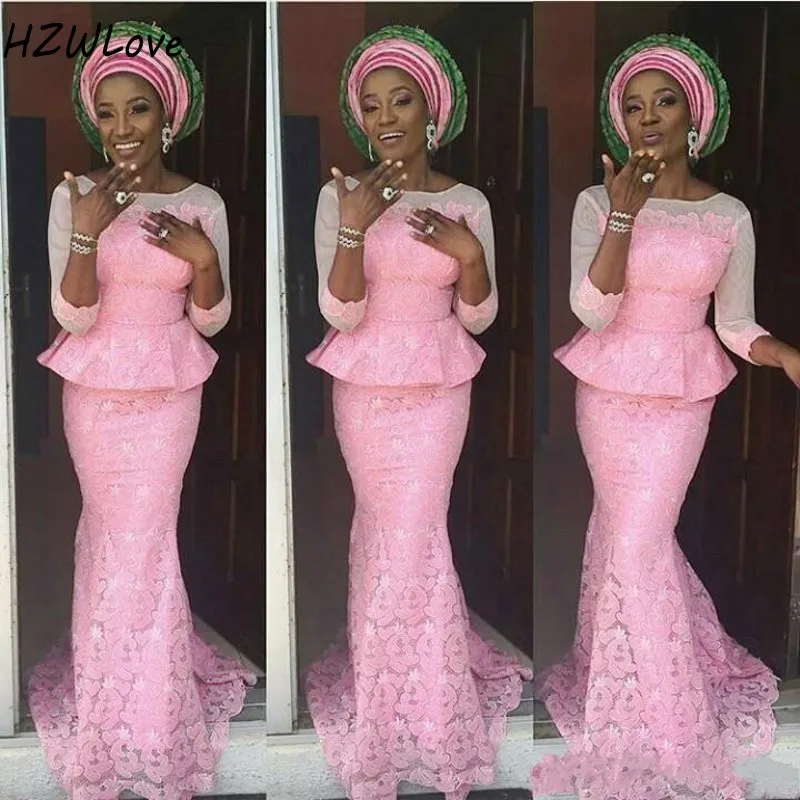 

Aso Ebi Mermaid Formal Evening Dresses Sheer Neck Peplum Three Quarter Sleeves Lace Plus Size Prom Dress Nigerian Party Gowns