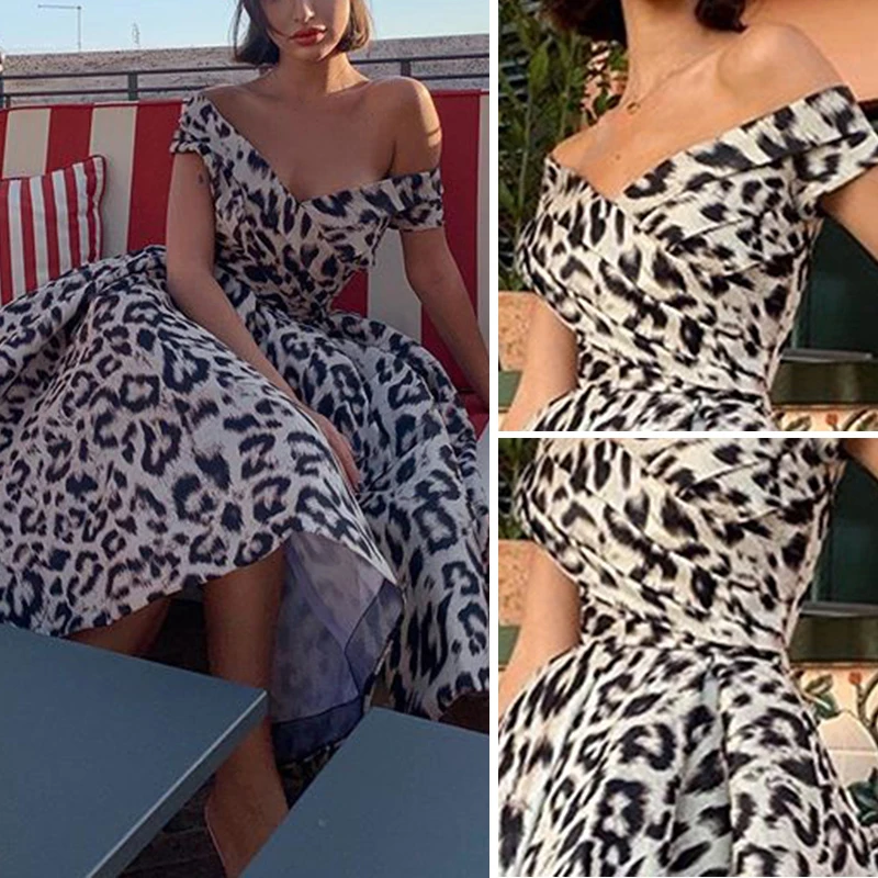 Women dresses Vintage Retro Leopard Print Dress Deep V Raglan Sleeves Sexy Mid Waist off shoulder a line swing dress knee length