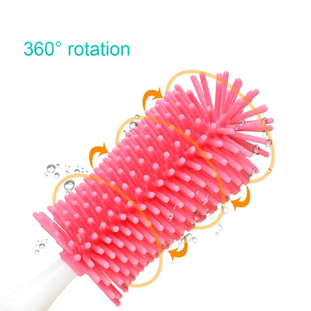 Spazzola per biberon, 2 pezzi, per la pulizia di biberon, manico lungo, in silicone, rotante a 360°, per la pulizia di bottiglie e bicchieri