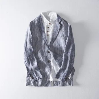 

Men Spring Fashion Japan Style Minimalism Striped Long Sleeve Single Breasted Suit Blouses Male High Quality Linen Casual Coats
