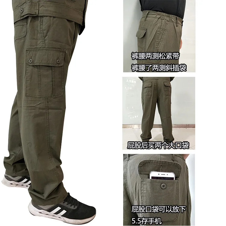 Summer Pure Cotton Outerwear Army Green Labor Overalls Long Sleeve Breathable Button Multi-pockets Training Clothes Set Men's