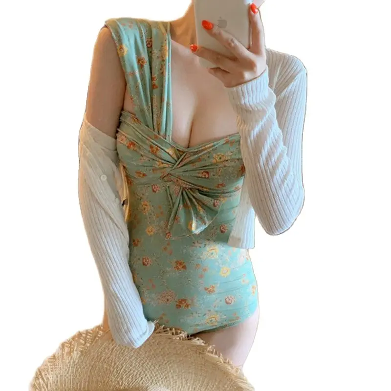 2021 New Sexy Bandeau One Piece Swimsuit Women Solid Swimwear Shoulder Monokini Pad Swim Suit Pleated Bathing | Спорт и развлечения
