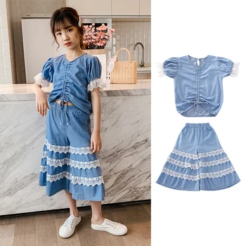

Crop Top for Kids Girls Teens 4 6 8 11 13 14Years New Fashion Denim Two Pieces Set Lace Wide Leg Pants Tops Crop Teens for Girls