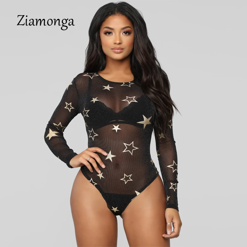 

Ziamonga High Waist Long Sleeve Bodysuit Women O-Neck Mesh Bodysuits Black Bodycon Star Printed Autumn Sexy Jumpsuit Body Suits