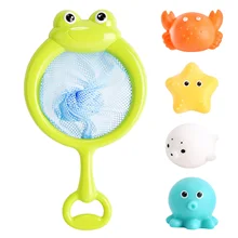 Jeu d'attrapage de poissons pour bébé, jouets de bain avec lumières et filet de capture à longue poignée, animaux de dessin animé, 4 pièces