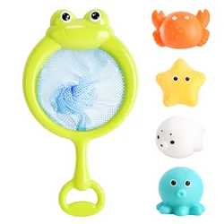 Jeu d'attrapage de poissons pour bébé, jouets de bain avec lumières et filet de capture à longue poignée, animaux de dessin animé, 4 pièces 