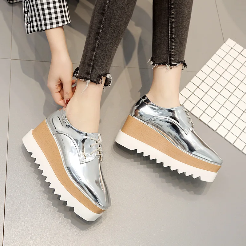 British style brogues women square toe platform shoes lace up patent leather muffins solid color creepers derby shoes for woman women oxford shoes