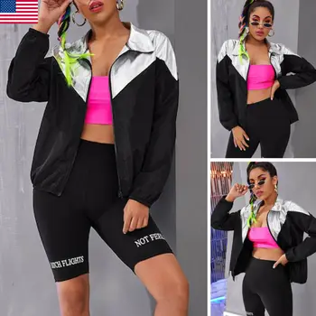 

2020 Newest Women Ladies Autumn Stitching Colorblock Zip Loose Casual Coat Jacket Female Fashion Track Tops Patchwork Coats