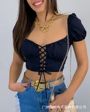 

2021 New Women's Bandage Blouse Sexy Short Sleeve Cropped Tops Summer Casual Female Shirts Korean Fashion Clothing