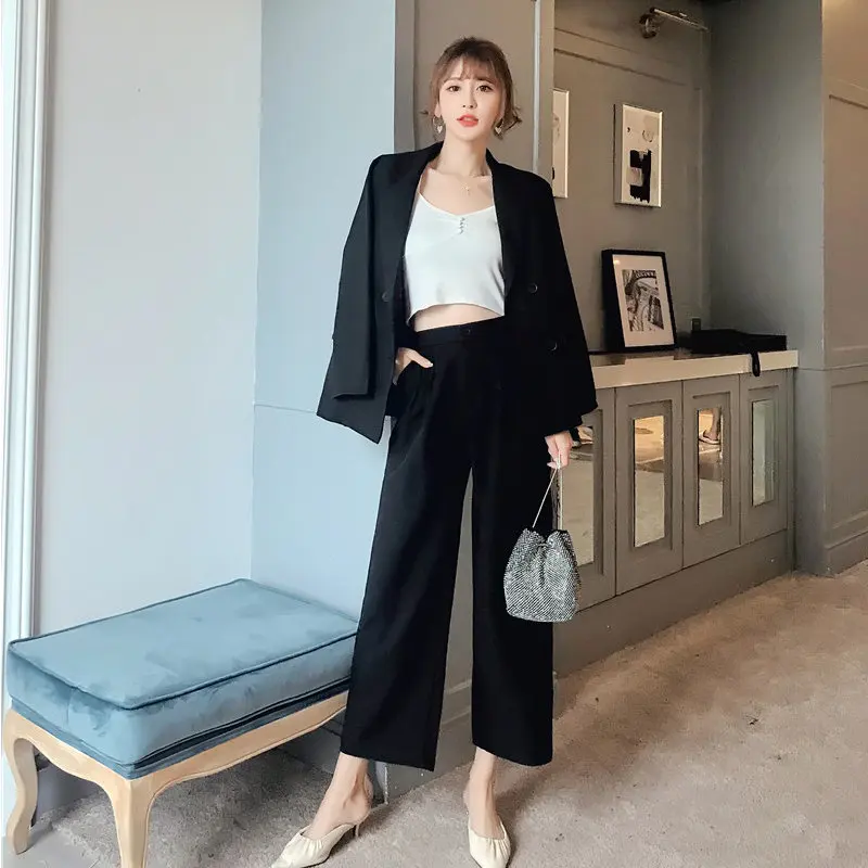 HziriP Brief Chic, Новинка осени, офисный женский однотонный блейзер с поясом+ винтажные повседневные штаны до щиколотки, комплект из 2 предметов