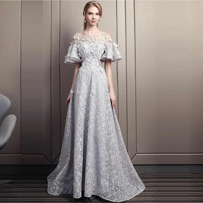 It's Yiiya Lace Evening Dresses O-Neck Short Sleeve Appliques Evening Dresses Long A-Line Plus Size Robe De Soiree K357