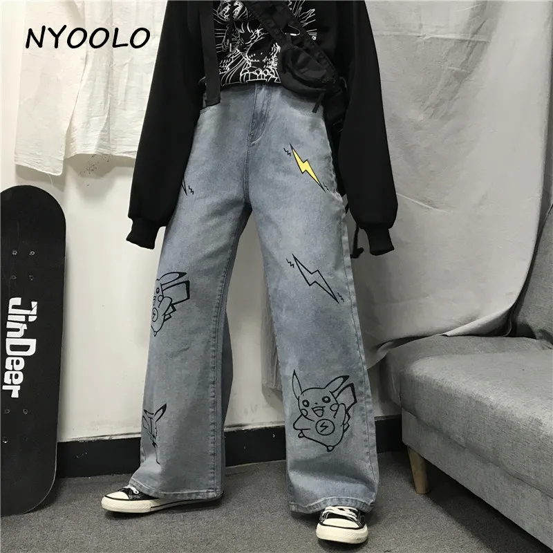 NYOOLO Harajuku Винтаж уличная мультфильм молнии печати Промытые джинсы повседневные свободные полной длины широкие брюки джинсовые штаны для женщин и мужчин