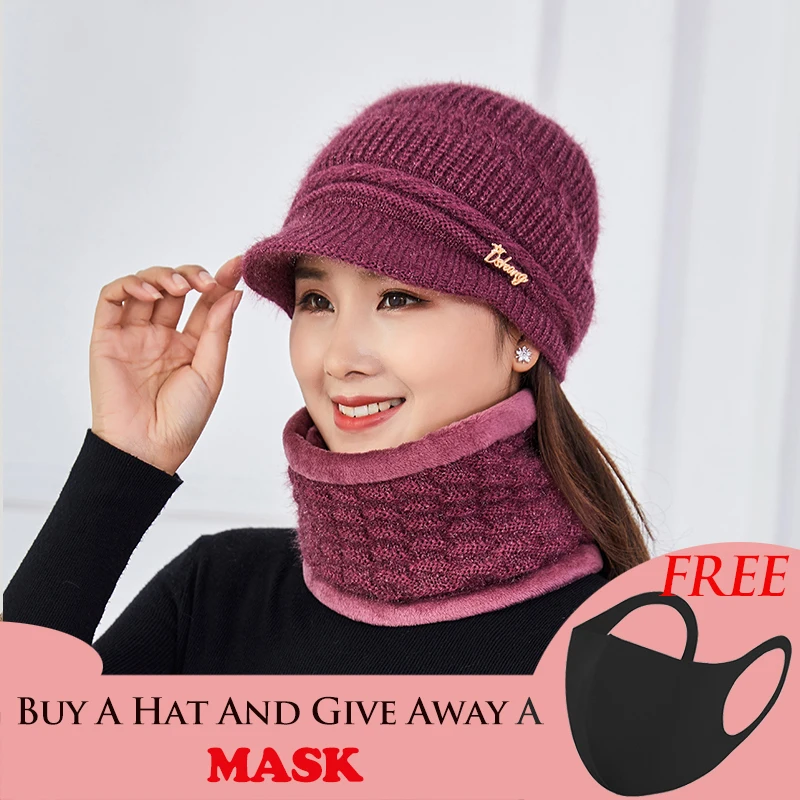 

Winter Elder Woman Warm Hat Middle Age Lady Fashion Woolen Knitted Grandma Cap Gorras Stripes Mother Hat Scarf Balaclava Beanie