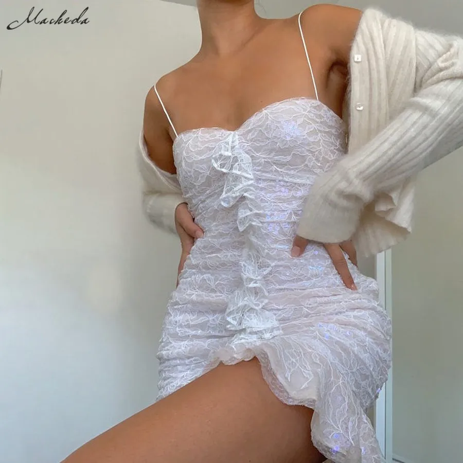 Женское Кружевное облегающее платье macheda белое повседневное Плиссированное мини