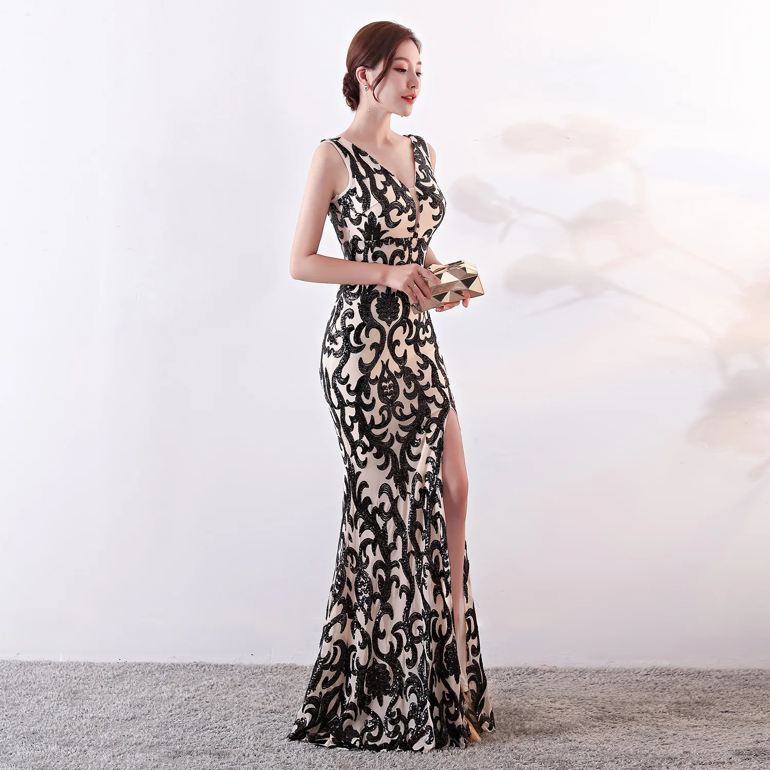 1202 газовое платье со стразами и вышивкой с длинными Slim Fit рыбий ...