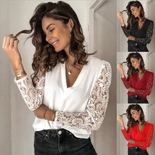 Women's Tshirts Casual Solid Color Lace Tops Long Sleeves Chiffon T-Shirt Loose Pullover V Neck Women Clothing Plus Size XS-5XL