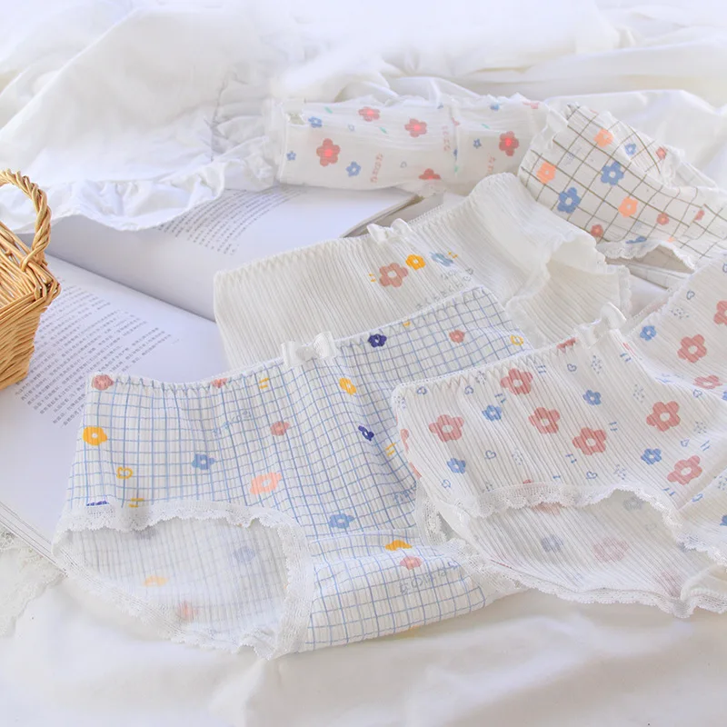 

5pcs 10-20years old young girls cotton underwear comfortable 100%cotton crotch mid-waist women briefs threaded ladies underwear