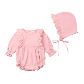 

Toddler Newborn Baby Girls free shipping clothes Ruffle long sleeve round neck Bodysuit solid Bandage Hat 2pc autumn Outfits