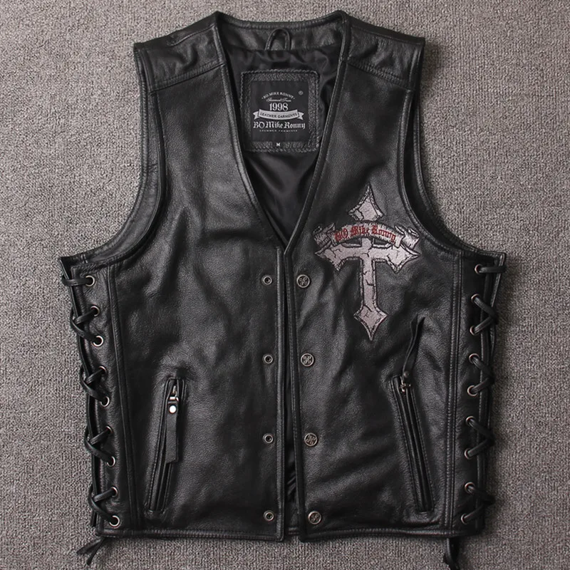 Mens Side Lace Black Cowhide Leather Vest 5XL