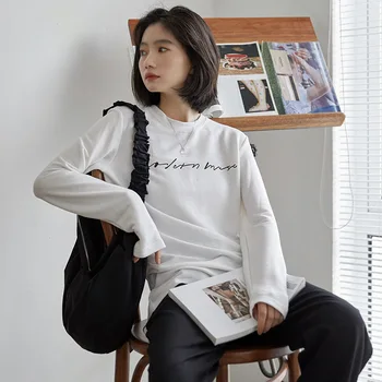 

2020 Autumn and Winter Korean-style English Lettered Long Sleeve White T-shirt Female Loose Students Crew Neck Tops Underwear Ba