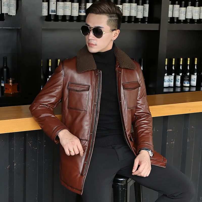 

Genuine Winter Real Cow Leather Jacket Natural Lamb Fur Collar Warm Down Jackets L18-122 YY322