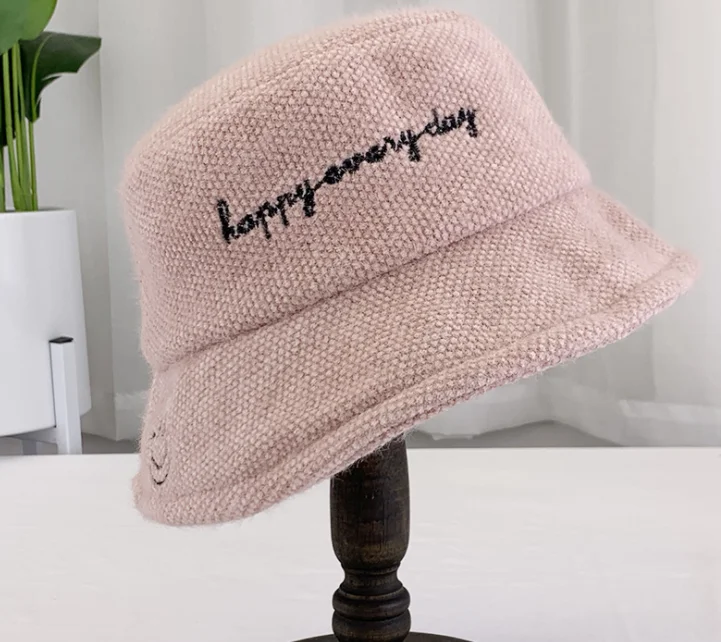 pink Корейская версия осенней и зимней дамской рыбацкой шляпы с вышивкой смайликом для бассейна, уличная дорожная Студенческая модная повседневная Кепка - Цвет: pink
