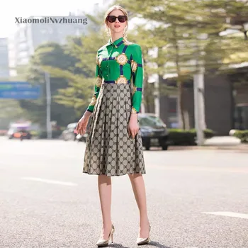 

Xiaomoli Two color patchwork style retro print high waist Pleated Dress New Women's fashion show in spring and summer 2020