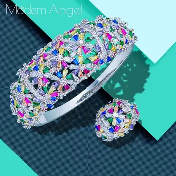 

ModemAngel Wide Luxury Tennis Bangle Ring Sets For Women Wedding Cubic Zircon Crystal Engagement DUBAI Bridal Jewelry Sets