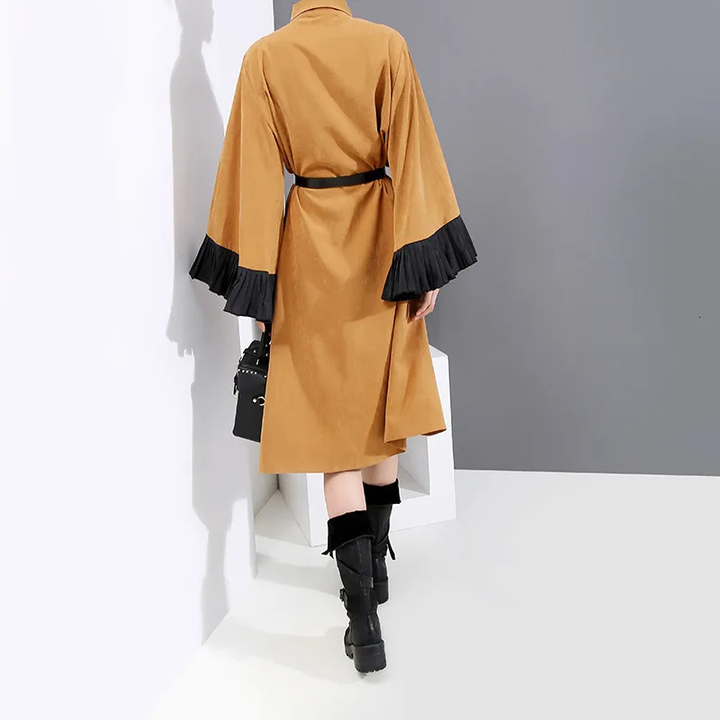 [EAM] женское Плиссированное Платье-рубашка большого размера цвета хаки с разрезом, новинка, с отворотом, с длинным Расклешенным рукавом, свободный крой, мода весна-осень 19A-a152