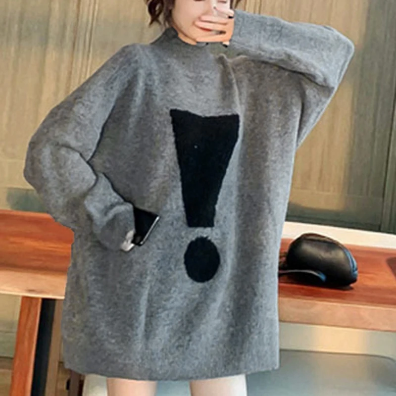 Women's Fashion Half High Neck Mid-Length Knit Long Sleeve Sweater Gray One Size |