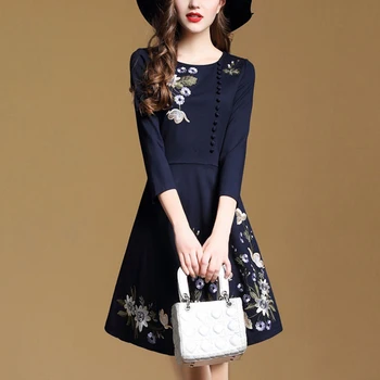 

Embroidered Button Women Dress 2019 Autumn Three Quarter Sleeve Round Neck Fashion Pocket Zip Above Knee Dresses Elegant