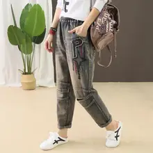 QPFJQD осень весна женские джинсы Ретро эластичный пояс на шнуровке хлопковые брюки новые звезды вышивка поцарапанные повседневные джинсовые брюки