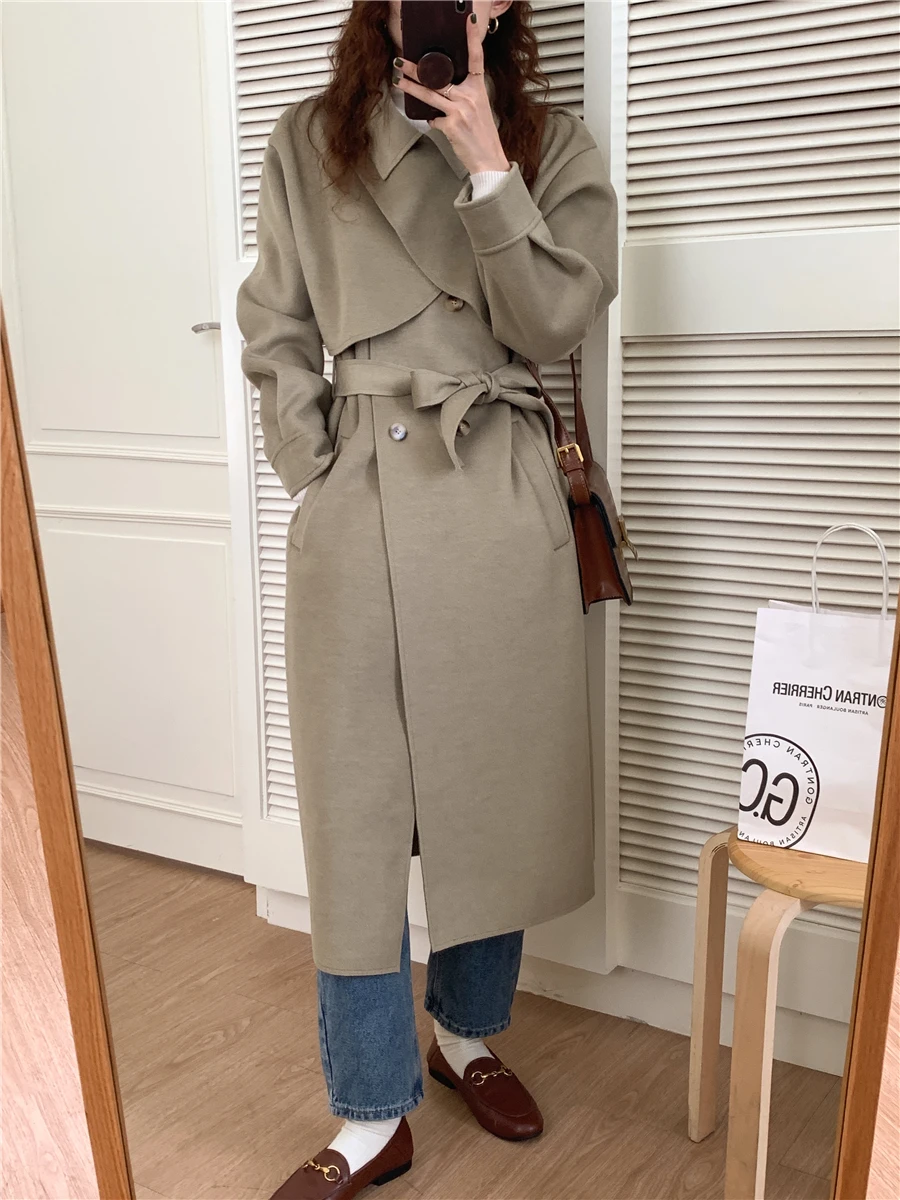 Vintage Lapel Detachable Shawl Faux Wool Blend Coats 2022 New Korean Long Jackets Two-piece Double-sided Woolen Coat bubble coat women