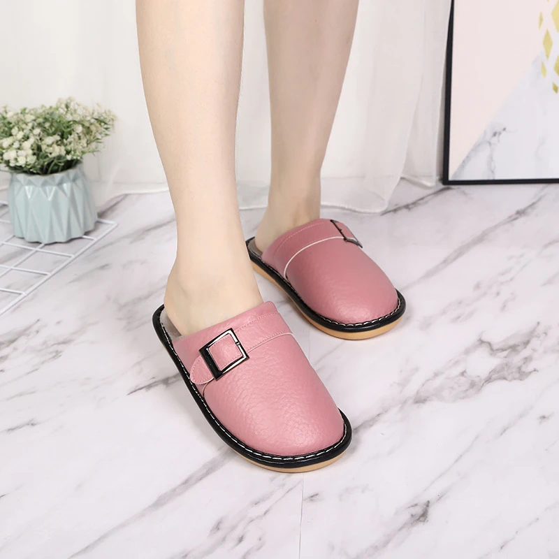 Red skin Slippers Men Leather Cotton Slippers Men Autumn Home Couple Indoor Waterproof Non-slip Women Cotton Slippers Women - Цвет: Red skin