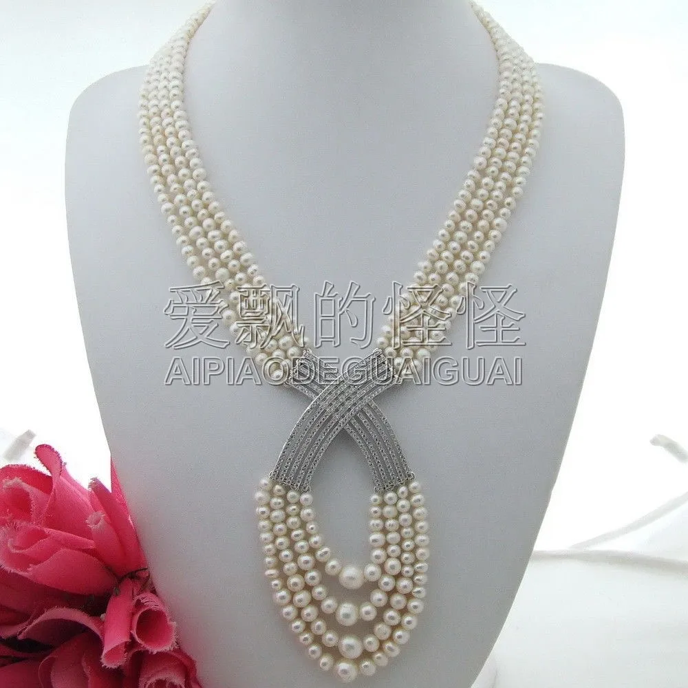 

20"-22"4 Strands White Round Pearl Necklace CZ Pendant