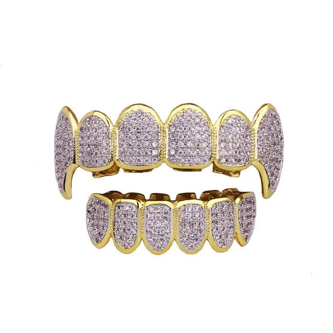 Хип-хоп Iced Out CZ Fang Рот Зубы грили шапки Топ и низ набор в форме зубов для мужчин и женщин челюсти вампира Модные ювелирные изделия - Окраска металла: Gold set