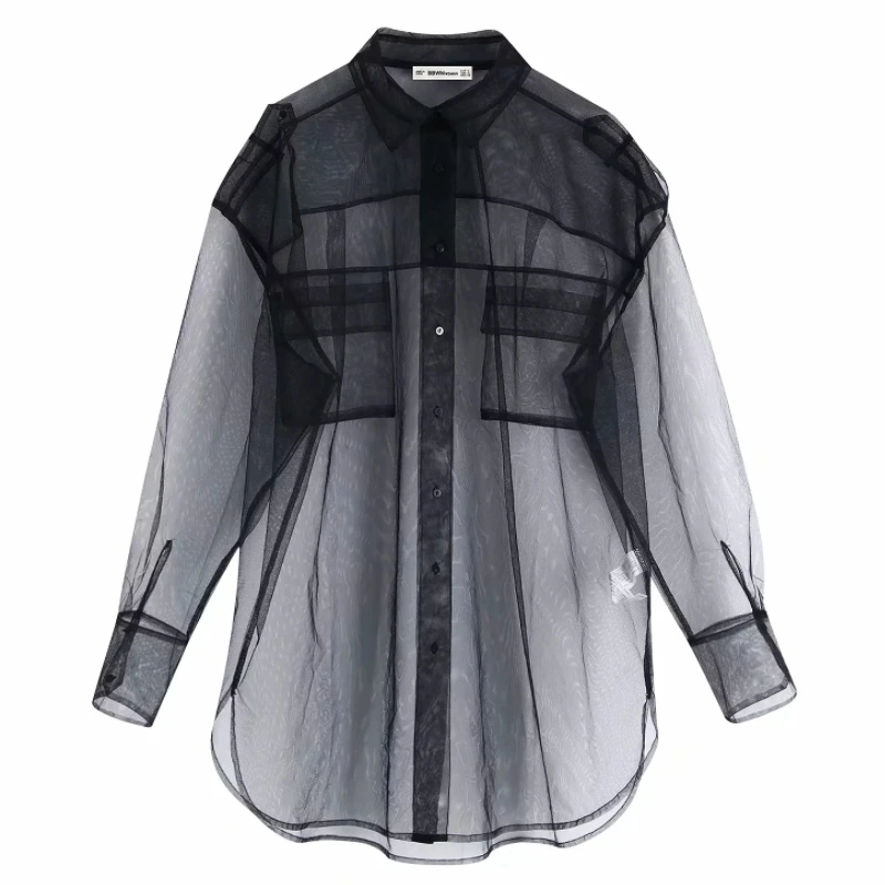 new women pocket decoration transparent black mesh blouse long sleeve casual smock shirt leisure sexy chemise blusas tops LS6001
