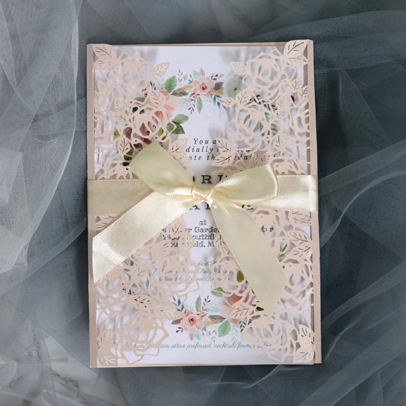 

(100 pieces/lot) Laser Cut Pink Wedding Invitation Card Shiny Diamond Birthday Engagement Invitations With Burgundy Ribbon IC125