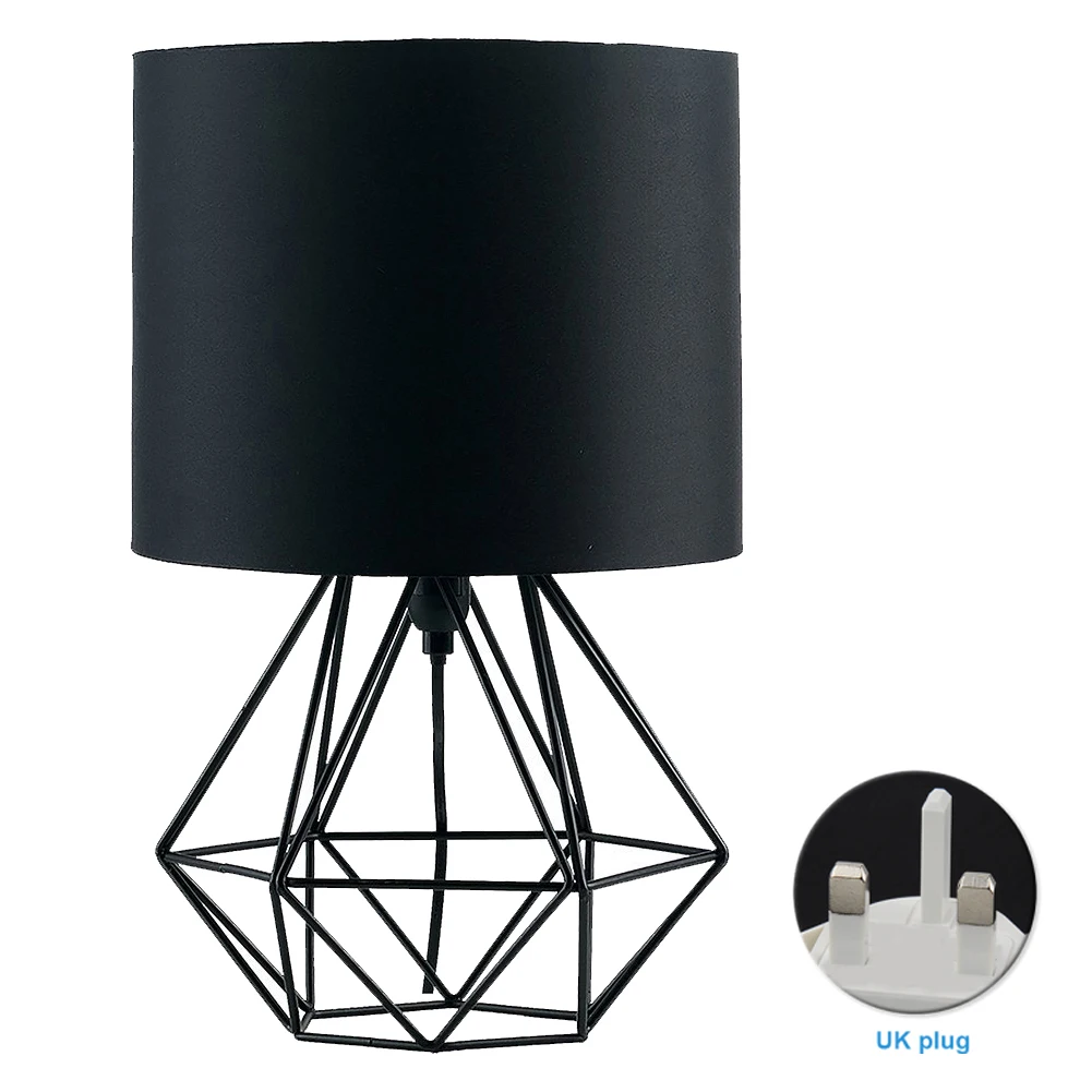 

Bedroom Hotel Plug In Metal Cage Cafe Restaurant Decorative Hallway Table Lamp Fabric Shade Living Room Desktop Home Geometric