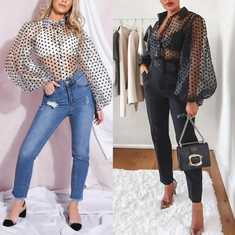 

UK Women Polka Dot Mesh Sheer See-through Long Lantern Sleeve Tops Tee T Shirts Easy Matching