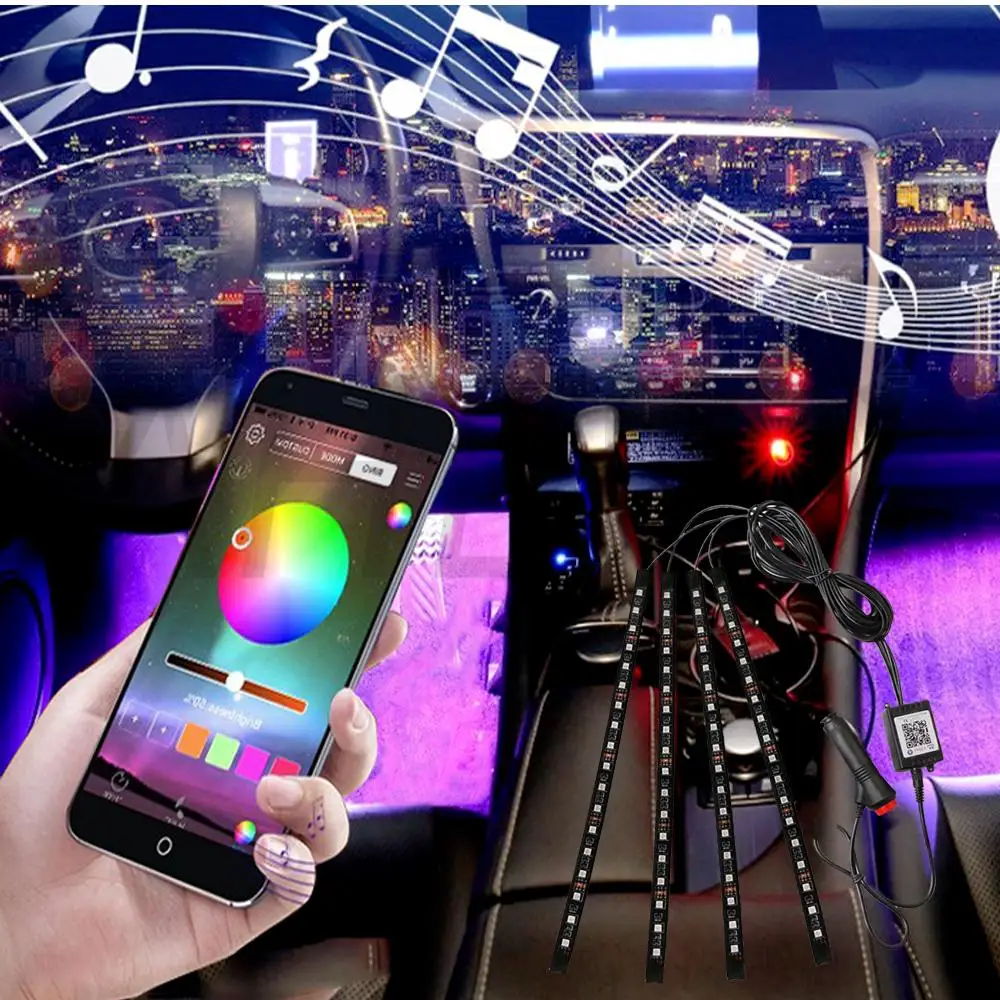 Автомобильный RGB светодиодный неоновый интерьерный светильник, декоративный атмосферный светильник s, беспроводное управление через приложение для Android IOS DC 12V