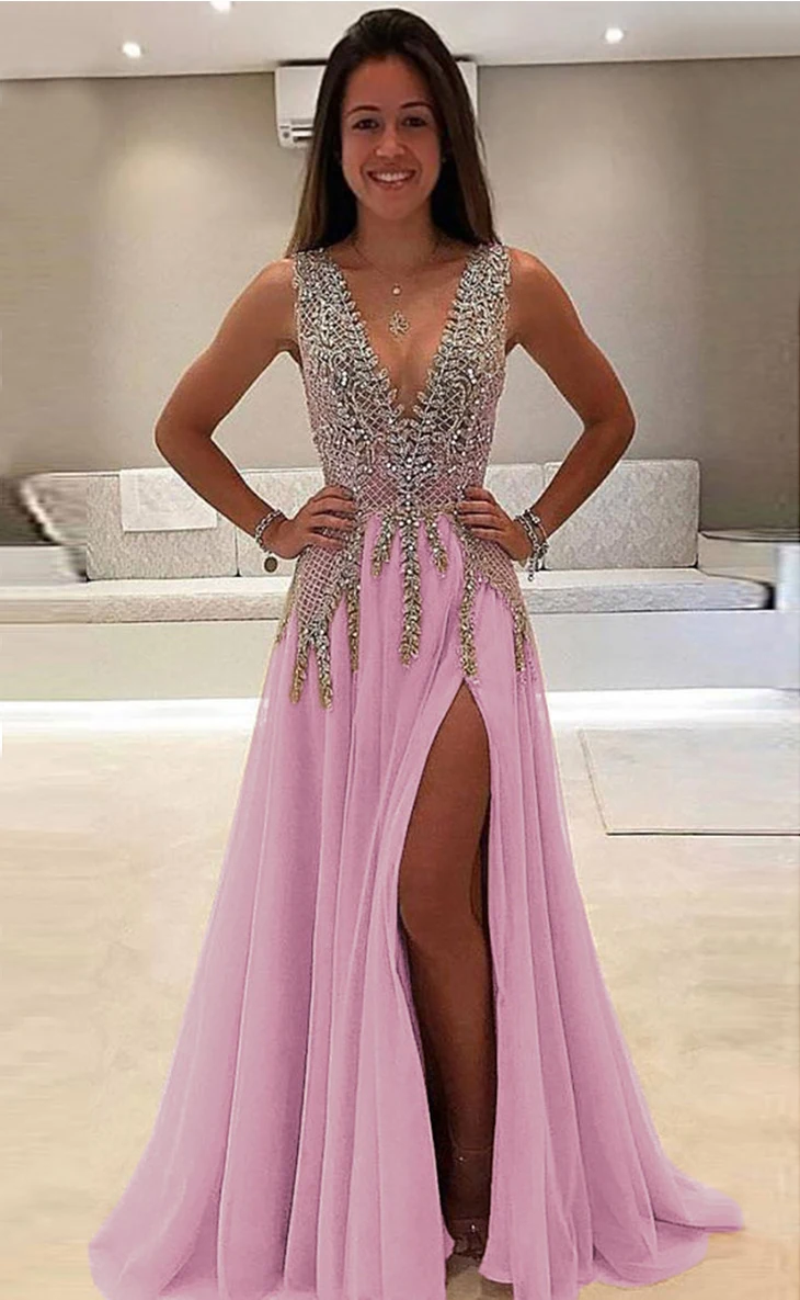Бисерные Длинные Выпускные платья Роскошные Vestidos De Gala сексуальные с открытой спиной v-образным вырезом тюлевые вечерние строгие вечерние платья вечерние для женщин - Цвет: Pink